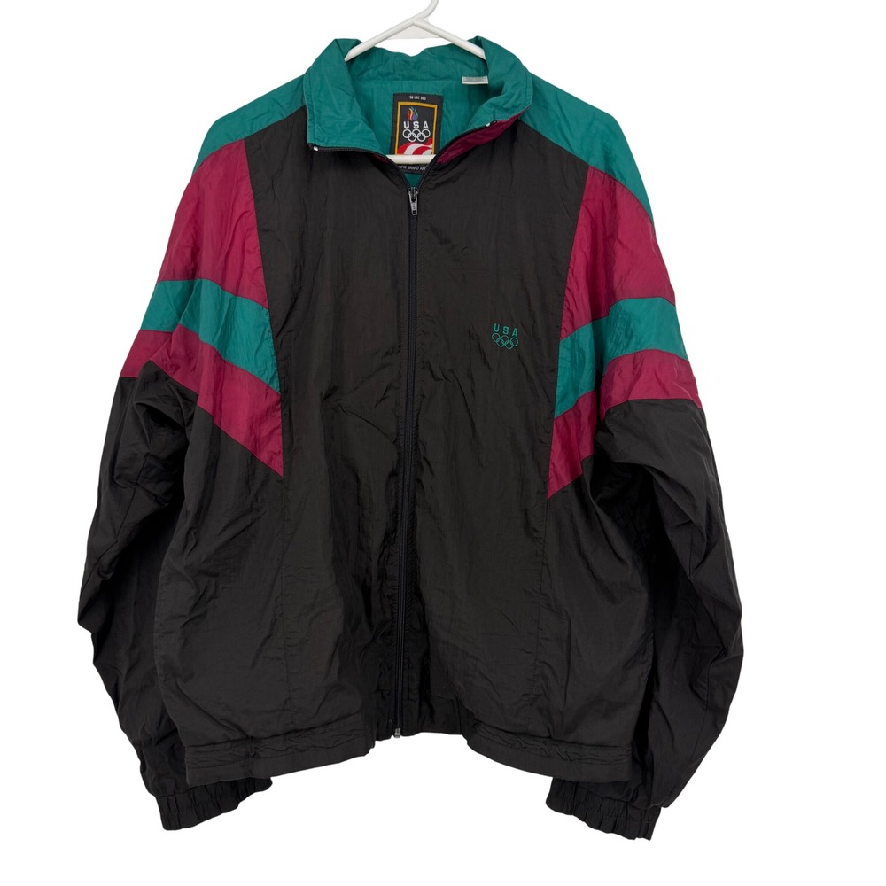 USA Olympic Windbreaker Jacket Women Medium Black Teal Magenta Vintage 90s Zip